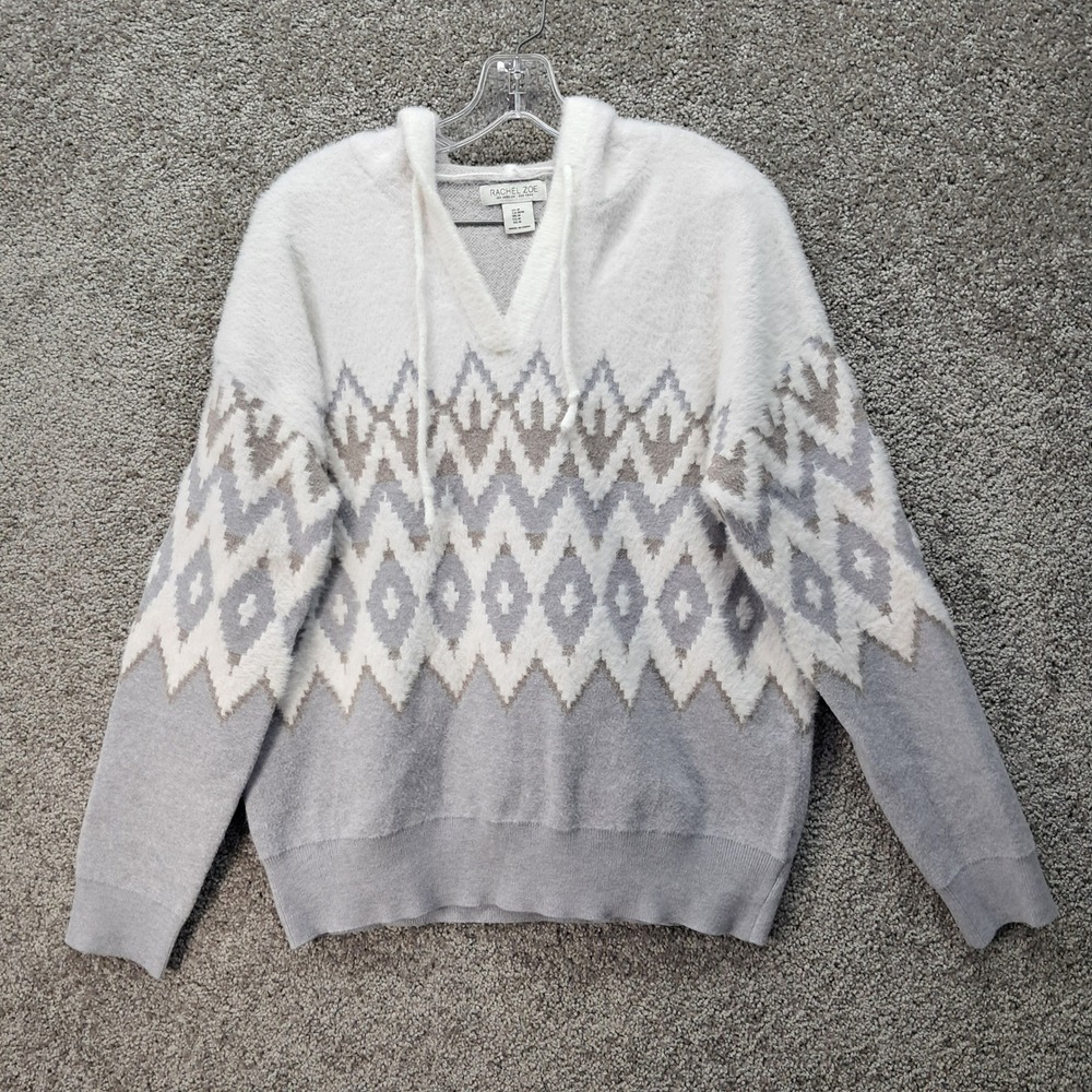 Rachel Zoe Womens Grey White Fair Isle Eyelash Knit Hoodie Sweater Medium 6779